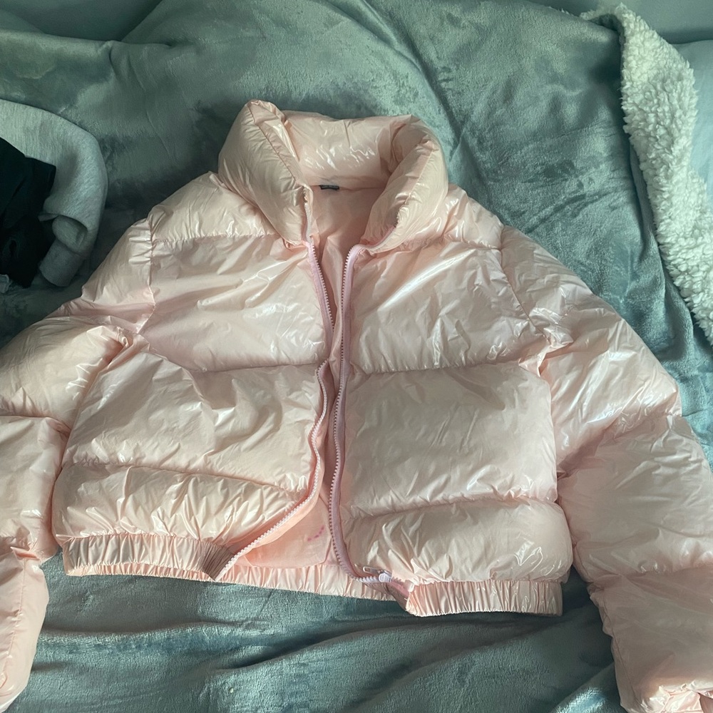 pink cropped puffer coat